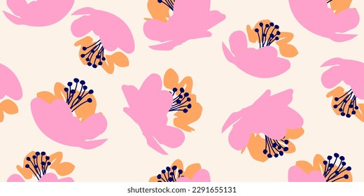 Hand drawn flowers, seamless patterns with floral for fabric, textiles, clothing, wrapping paper, cover, banner, interior decor, abstract backgrounds.