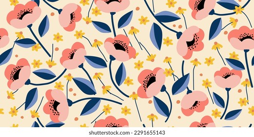 Hand drawn flowers, seamless patterns with floral for fabric, textiles, clothing, wrapping paper, cover, banner, interior decor, abstract backgrounds.