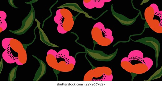Flores dibujadas a mano, estampados sin costura con motivos florales para tela, textiles, ropa, papel de envoltura, cubierta, banner, decoración interior, fondo abstracto.