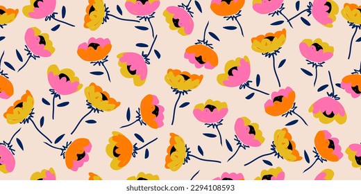 Hand drawn flowers, seamless patterns with floral for fabric, textiles, clothing, wrapping paper, cover, banner, interior decor, abstract backgrounds.