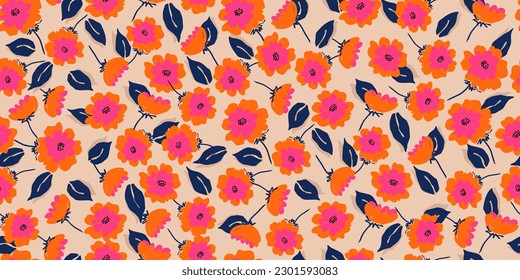 Hand drawn flowers, seamless patterns with floral for fabric, textiles, clothing, wrapping paper, cover, banner, interior decor, abstract backgrounds.