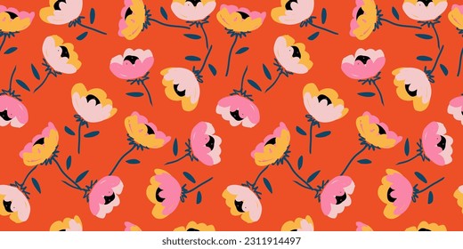 Hand drawn flowers, seamless patterns with floral for fabric, textiles, clothing, wrapping paper, cover, banner, interior decor, abstract backgrounds.