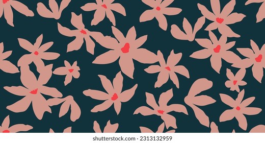 Flores dibujadas a mano, estampados sin costura con motivos florales para tela, textiles, ropa, papel de envoltura, cubierta, banner, decoración interior, fondo abstracto.
