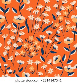 Flores dibujadas a mano, estampados sin costura con motivos florales para tela, textiles, ropa, papel de envoltura, cubierta, banner, decoración interior, fondo abstracto.