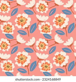 Flores dibujadas a mano, estampados sin costura con motivos florales para tela, textiles, ropa, papel de envoltura, cubierta, banner, decoración interior, fondo abstracto.