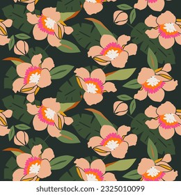 Flores dibujadas a mano, estampados sin costura con motivos florales para tela, textiles, ropa, papel de envoltura, cubierta, banner, decoración interior, fondo abstracto.
