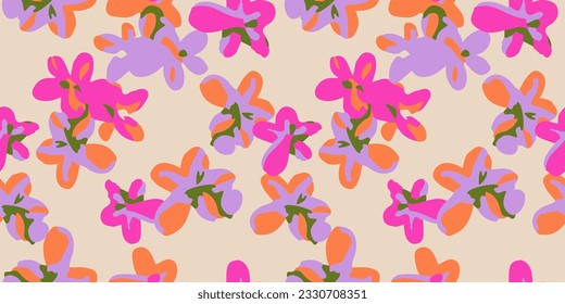 Hand drawn flowers, seamless patterns with floral for fabric, textiles, clothing, wrapping paper, cover, banner, interior decor, abstract backgrounds.