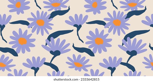 Hand drawn flowers, seamless patterns with floral for fabric, textiles, clothing, wrapping paper, cover, banner, interior decor, abstract backgrounds.