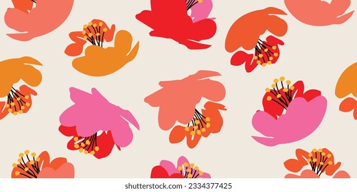 Flores dibujadas a mano, estampados sin costura con motivos florales para tela, textiles, ropa, papel de envoltura, cubierta, banner, decoración interior, fondo abstracto.