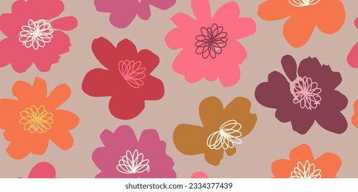 Flores dibujadas a mano, estampados sin costura con motivos florales para tela, textiles, ropa, papel de envoltura, cubierta, banner, decoración interior, fondo abstracto.