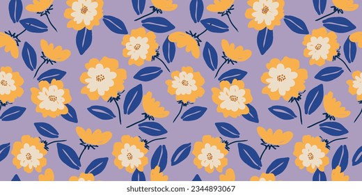 Flores dibujadas a mano, estampados sin costura con motivos florales para tela, textiles, ropa, papel de envoltura, cubierta, banner, decoración interior, fondo abstracto.