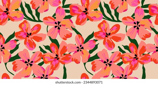 Hand drawn flowers, seamless patterns with floral for fabric, textiles, clothing, wrapping paper, cover, banner, interior decor, abstract backgrounds.