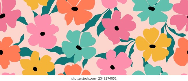 Hand drawn flowers, seamless patterns with floral for fabric, textiles, clothing, wrapping paper, cover, banner, interior decor, abstract backgrounds.