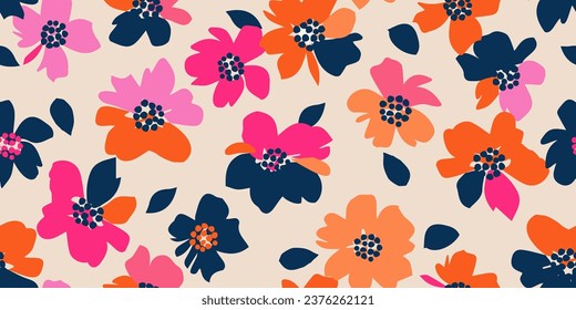 Hand drawn flowers, seamless patterns with floral for fabric, textiles, clothing, wrapping paper, cover, banner, interior decor, abstract backgrounds.