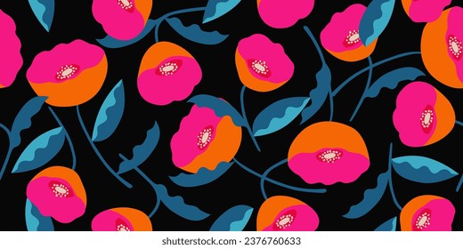Hand drawn flowers, seamless patterns with floral for fabric, textiles, clothing, wrapping paper, cover, banner, interior decor, abstract backgrounds. Vector illustration.