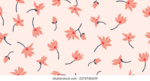 Hand drawn flowers, seamless patterns with floral for fabric, textiles, clothing, wrapping paper, cover, banner, interior decor, abstract backgrounds. Vector illustration.