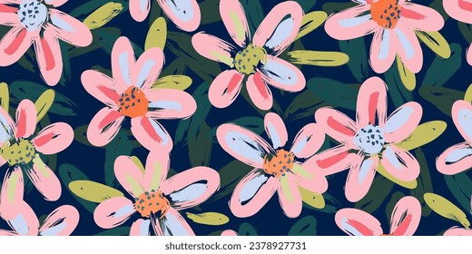 Hand drawn flowers, seamless patterns with floral for fabric, textiles, clothing, wrapping paper, wallpaper, banner, interior decor, abstract backgrounds. Vector illustration.