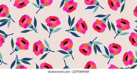 Hand drawn flowers, seamless patterns with floral for fabric, textiles, clothing, wrapping paper, poster, banner, interior decor, abstract backgrounds. vector illustration.