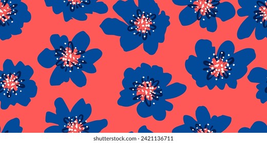 Flores dibujadas a mano, estampados sin costura con motivos florales para tela, textiles, ropa, papel de envoltura, cubierta, banner, decoración interior, fondo abstracto. Ilustración vectorial.