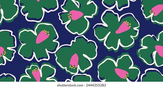 Hand drawn flowers, seamless patterns with floral for fabric, textiles, wall art, wallpaper, cover, banner, home decor, abstract backgrounds. Vector illustration.