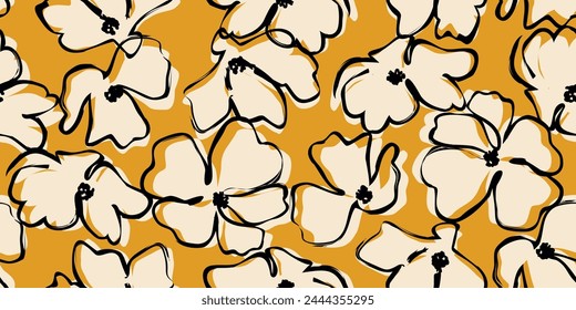 Hand drawn flowers, seamless patterns with floral for fabric, textiles, wall art, wallpaper, cover, banner, home decor, abstract backgrounds. Vector illustration.