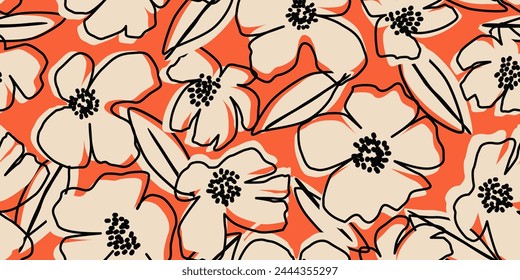 Hand drawn flowers, seamless patterns with floral for fabric, textiles, wall art, wallpaper, cover, banner, home decor, abstract backgrounds. Vector illustration.