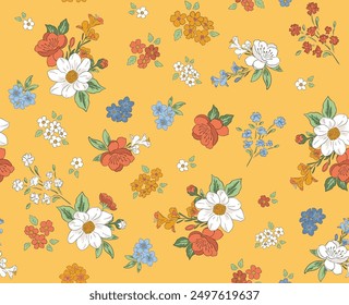 Hand drawn flowers, seamless patterns with floral for fabric, textiles, clothing, wrapping paper, cover, banner, home decor, abstract backgrounds.

