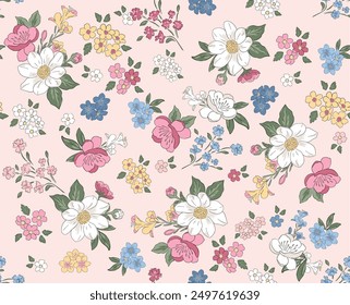 Hand drawn flowers, seamless patterns with floral for fabric, textiles, clothing, wrapping paper, cover, banner, home decor, abstract backgrounds.

