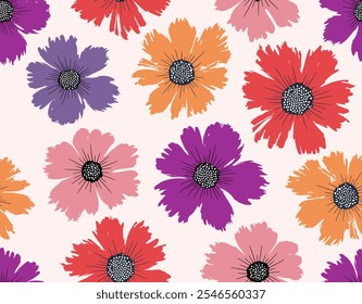 Hand drawn flowers seamless patterns abstract backgrounds. Vector illustration.