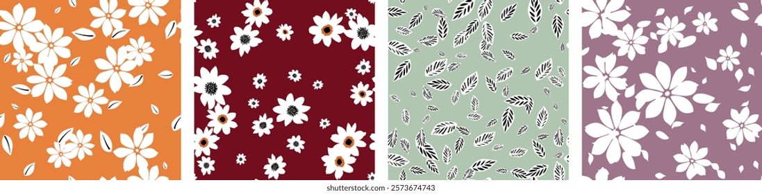 Hand drawn flowers seamless patterns for fabric, textiles, wrapping paper, banner, card, abstract backgrounds