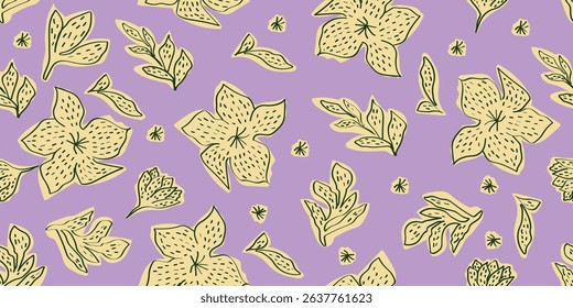Hand drawn flowers, seamless patterns with floral for fabric, textiles, clothing, wrapping paper, cover, banner, home decor, abstract backgrounds. Vector illustration.Purple background.