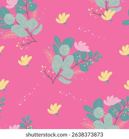 Hand drawn flowers, seamless patterns with floral for fabric, textiles, clothing, wrapping paper, cover, banner, interior decor, abstract backgrounds.