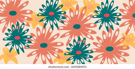 Hand drawn flowers, seamless patterns with floral for fabric, textiles, clothing, wrapping paper, cover, banner, interior decor, abstract backgrounds