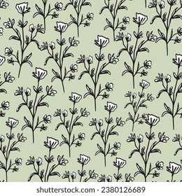 Hand drawn flowers seamless repeat pattern on matcha green background. Vector, botany all over surface print.
