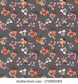 Hand drawn Flowers seamless vector pattern grey, pink, coral, orange black white, sand burgundy colors. Buds leaves, flowers on dark grey background for wallpaper textile cover.

