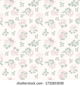 Hand drawn Flowers seamless vector pattern.  Pale pink, green shabby chic colors, buds leaves, flowers on pale sand. background shabby chic for wallpaper textile cover.