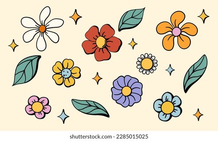 Hand drawn flowers set. 70s retro style colors. Simple minimal hippie floral design elements. Vector illustration.