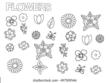 Hand drawn flowers set. Coloring book page template.  Outline doodle vector illustration. 