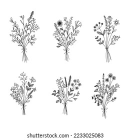 hand drawn flowers set ilustration, Collection of high quality illustrations of wildflowers,  can be used for tatto, invitations, posters