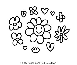 Hand drawn flowers set. Vector rough line illustration isolated on white background.