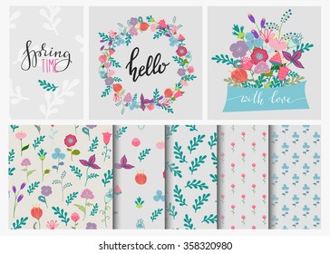 Hand drawn flowers set, wreath and flowers seamless pattern. Cute, colorful vector flowers for postcard and poster modern design. Spring or summer flower calligraphy, hand drawn style backgrounds.