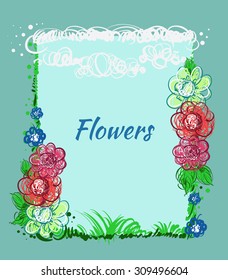 Hand drawn flowers, sky, grass. Vector greeting card EPS10