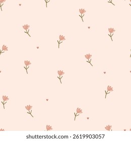Hand drawn flowers and small cute hearts , seamless pattern .Vector illustration 