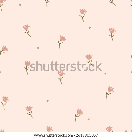 Hand drawn flowers and small cute hearts , seamless pattern .Vector illustration 