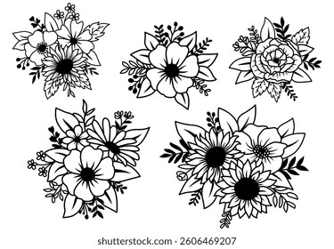 Hand drawn flowers Style vector illustration, flower bouquet outline drawing, Botanical flowers and leaf isolated on white Background, Invitation, Wedding card, Greeting card, Posster.