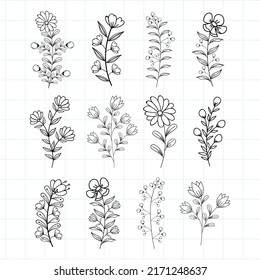 Hand drawn flowers and tree branches set