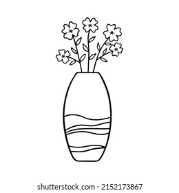 Hand drawn flowers in a vase doodle.  Home plants in sketch style.  Vector illustration isolated on white background.