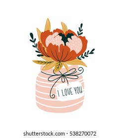 Hand drawn  flowers in the vase with tag - 'I love you'. Scandinavian style illustration, modern and elegant home decor. Vector print design.  Valentines Day card.