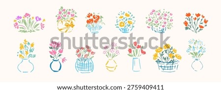 Hand drawn flowers in vases. Sketched style flower bouquets. Naive design. Spring, summer botanical art.