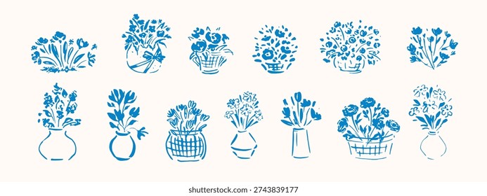 Hand drawn flowers in vases, wicker baskets. Sketched style flower composition bouquets. Naive design. Spring, summer botanical art.